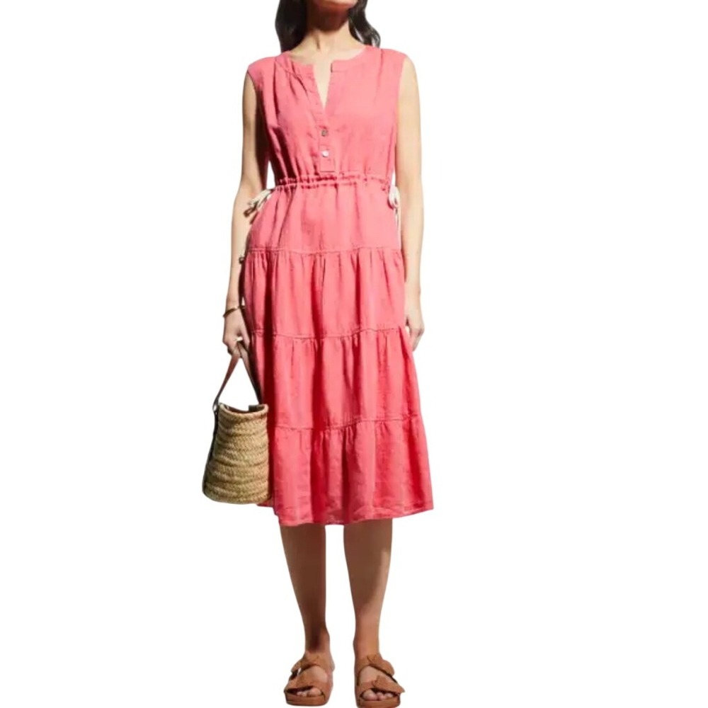 Finley Linen Tiered Midi Dress XS Coral Orange Button V-Neck Drawstring Waist